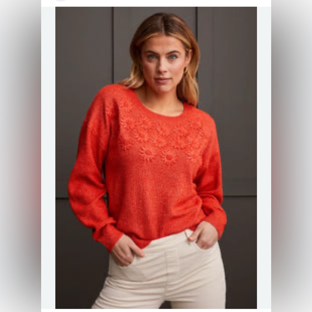 Tribal Orange Crewneck Sweater with flower appliqués- Sz M